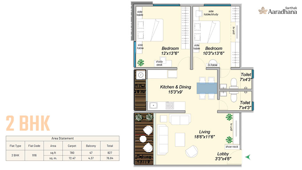Sarthak Aaradhana 2BHK floor plan