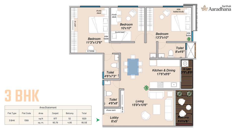 Sarthak Aaradhana 3BHK floor plan